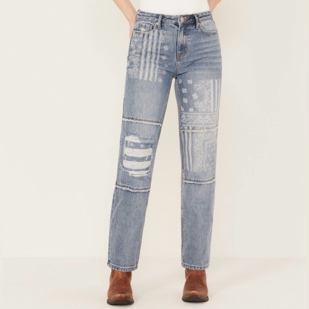 Cleo + Wolf Astoria High Rise patchwork straight jeans size 25